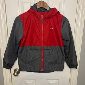Eddie Bauer Kids Jacket Boys 7 8 Red Gray Hooded‎ Windbreaker Lightweight
